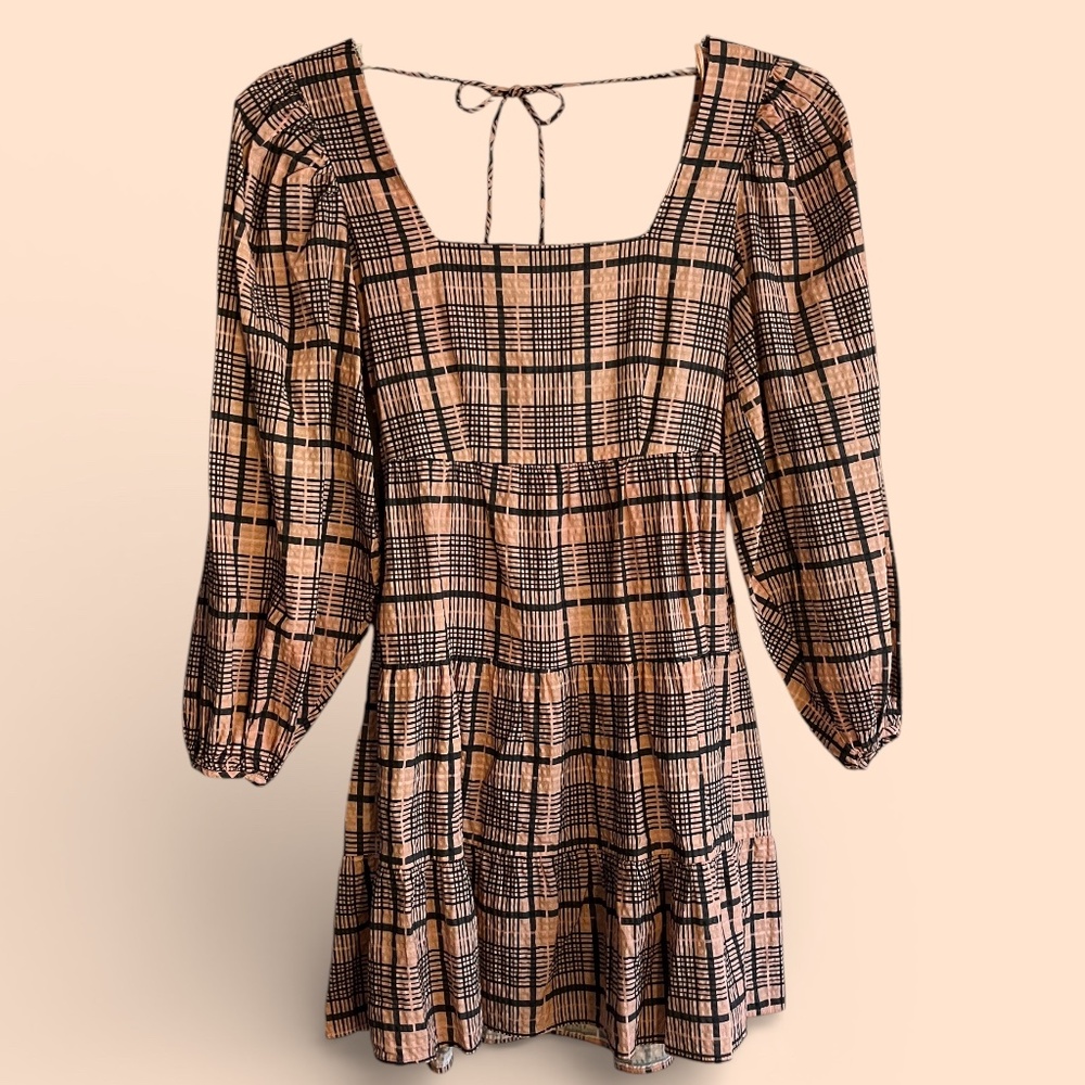 Topshop Peach and Black Plaid Tiered Gauze Dress Size 4